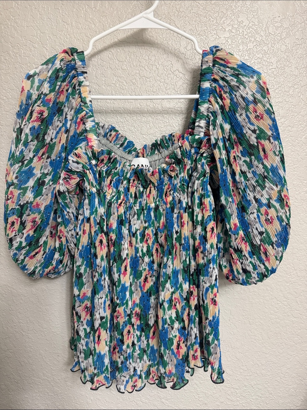 Ganni Multicolor Floral Puff-Sleeve Smocked Top